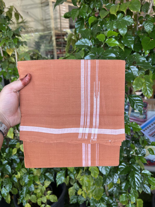 Kerala Handloom Single Hallmarked - 10% Discount !! KaithariKada 100% Pure Cotton - Mundu/Dhoti 2 cm Puliyilakkara White Shaded Striped Chutty Kara with Kavi colour Body - (2 meter / 4 muzham) - 14 KK8048 ELA