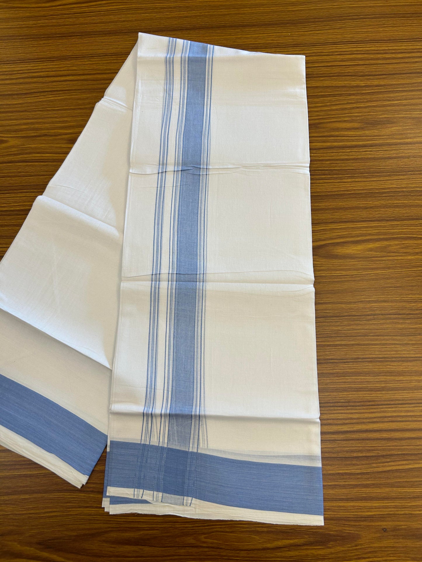 20% Discount!!! KaithariKada Balaramapuram 100% Cotton Double Pure White Mundu/Dhoti - 100X80 - 1.75 Inch Light Blue Shaded Stripes kara - 3.90 Mtr (8 Muzham) - 34 KK5361 PMC