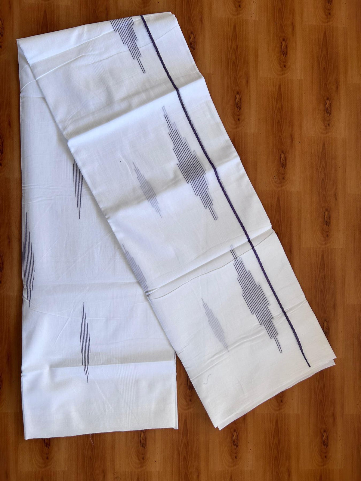 Pure White Double Mundu/Dothi - 20% Discount ! Kaitharikada Balaramapuram 100% Cotton - 100x80 - Purple Stripes Jacquard Design Kara 3.80 mtr (8 muzham) - 2 KK5516 THI