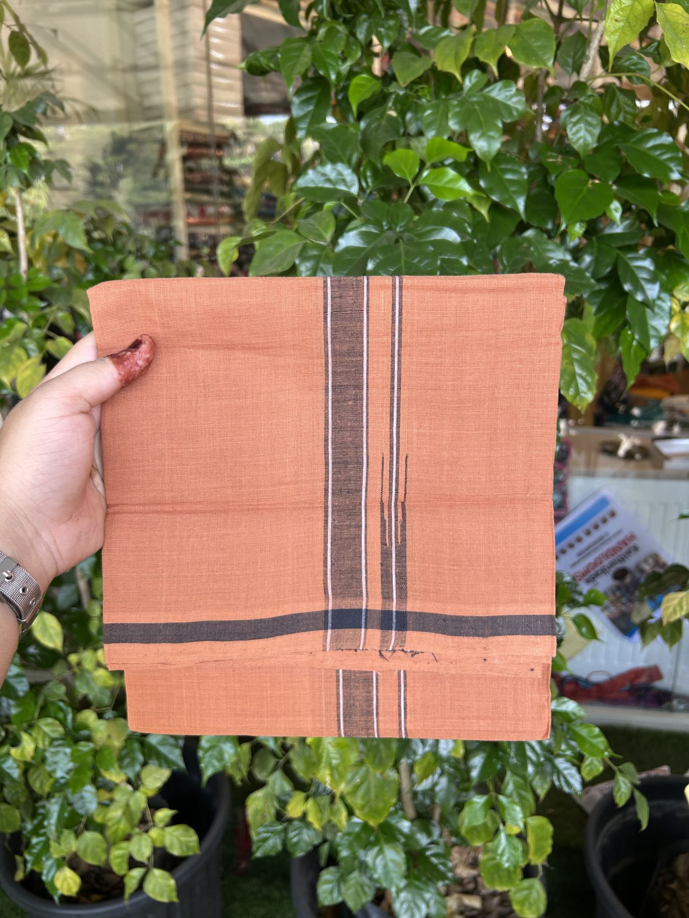 Kerala Handloom Single Hallmarked - 10% Discount !! KaithariKada 100% Pure Cotton - Mundu/Dhoti 2 cm Puliyilakkara Black & White Shaded Chutty Kara with Kavi colour Body - (2 meter / 4 muzham) - 18 KK8048 ELA