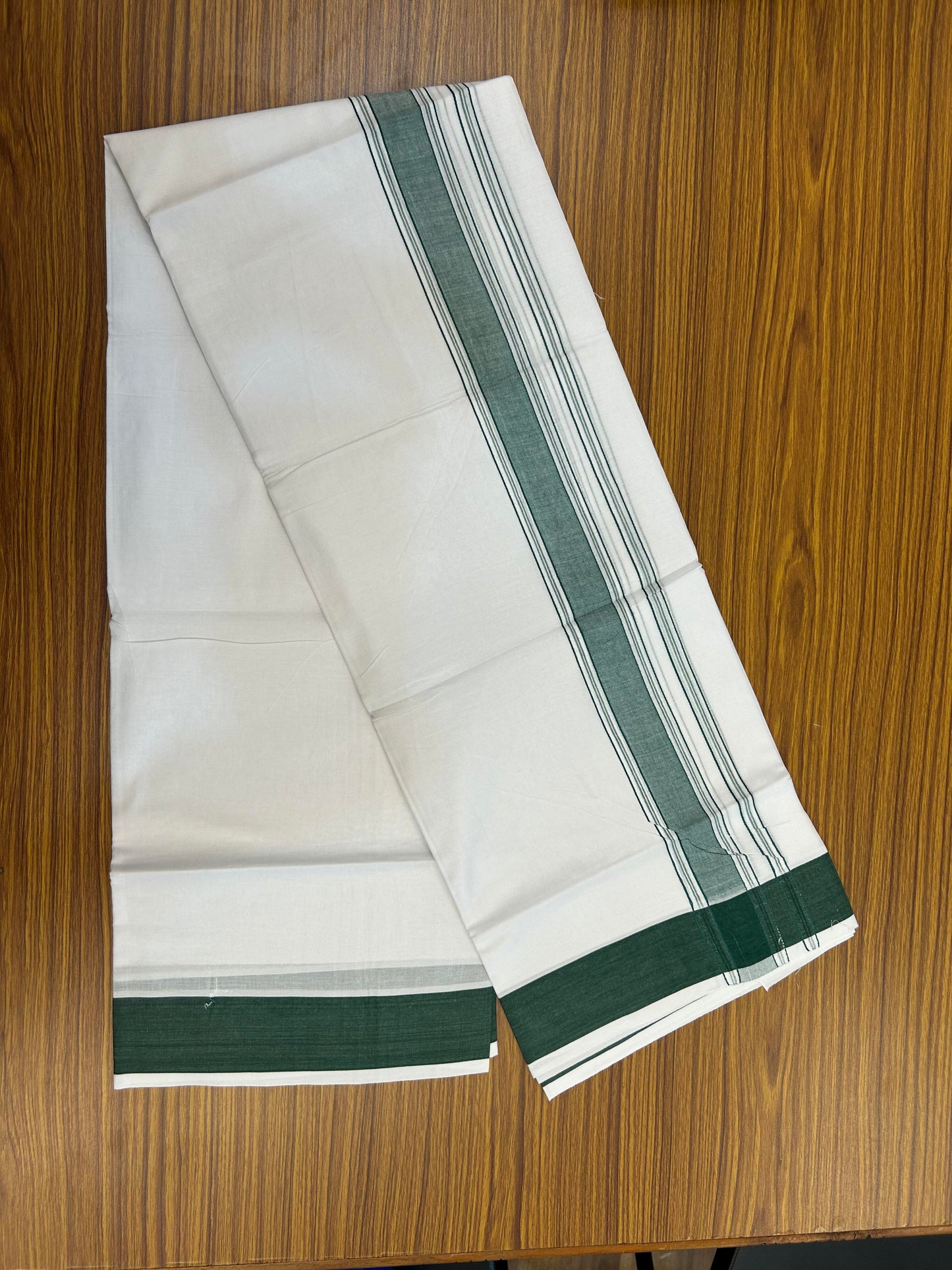 20% Discount!!! KaithariKada Balaramapuram 100% Cotton Double Pure White Mundu/Dhoti - 100X80 - 1.75 Inch Green Shaded Stripes kara - 3.90 Mtr (8 Muzham) - 39 KK5361 PMC