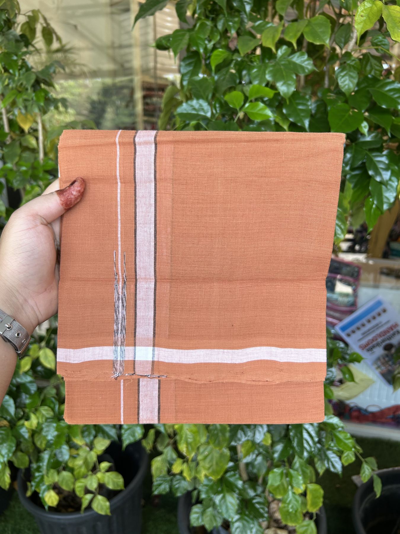 Kerala Handloom Single Hallmarked - 10% Discount !! KaithariKada 100% Pure Cotton - Mundu/Dhoti 2 cm Puliyilakkara Black & White Shaded Chutty Kara with Kavi colour Body - (2 meter / 4 muzham) - 13 KK8048 ELA