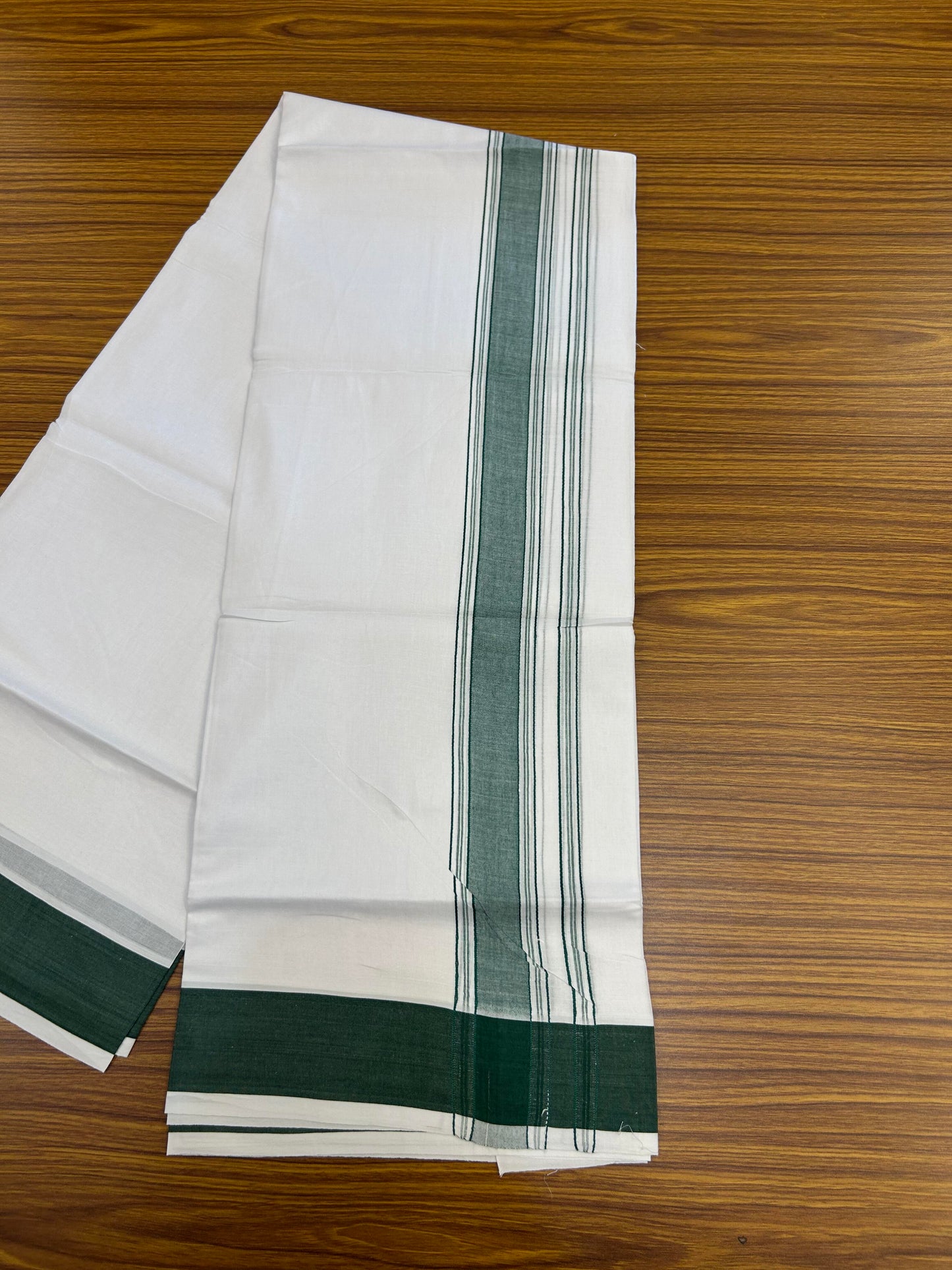 20% Discount!!! KaithariKada Balaramapuram 100% Cotton Double Pure White Mundu/Dhoti - 100X80 - 1.75 Inch Green Shaded Stripes kara - 3.90 Mtr (8 Muzham) - 39 KK5361 PMC
