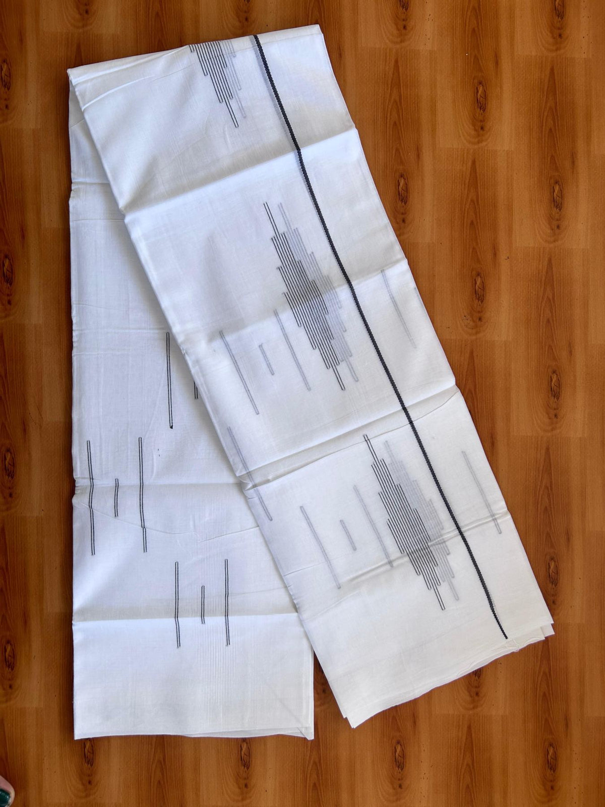 Pure White Double Mundu/Dothi - 20% Discount ! Kaitharikada Balaramapuram 100% Cotton - 100x80 - Navy Blue & Grey Stripes Jacquard Design Kara 3.80 mtr (8 muzham) - 8 KK5516 THI