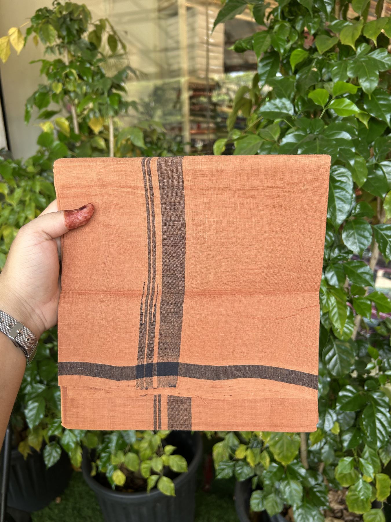 Kerala Handloom Single Hallmarked - 10% Discount !! KaithariKada 100% Pure Cotton - Mundu/Dhoti 2 cm Puliyilakkara Black Shaded Striped Chutty Kara with Kavi colour Body - (2 meter / 4 muzham) - 15 KK8048 ELA