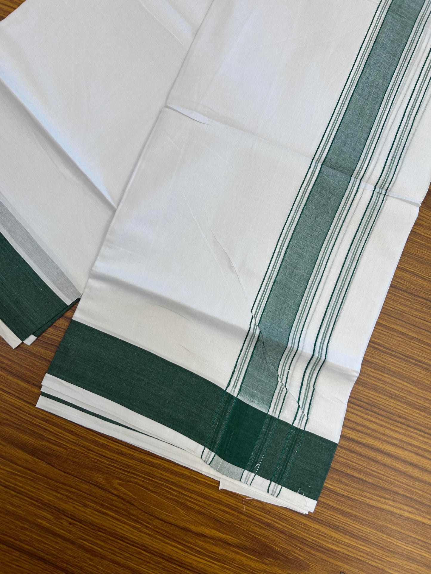 20% Discount!!! KaithariKada Balaramapuram 100% Cotton Double Pure White Mundu/Dhoti - 100X80 - 1.75 Inch Green Shaded Stripes kara - 3.90 Mtr (8 Muzham) - 39 KK5361 PMC