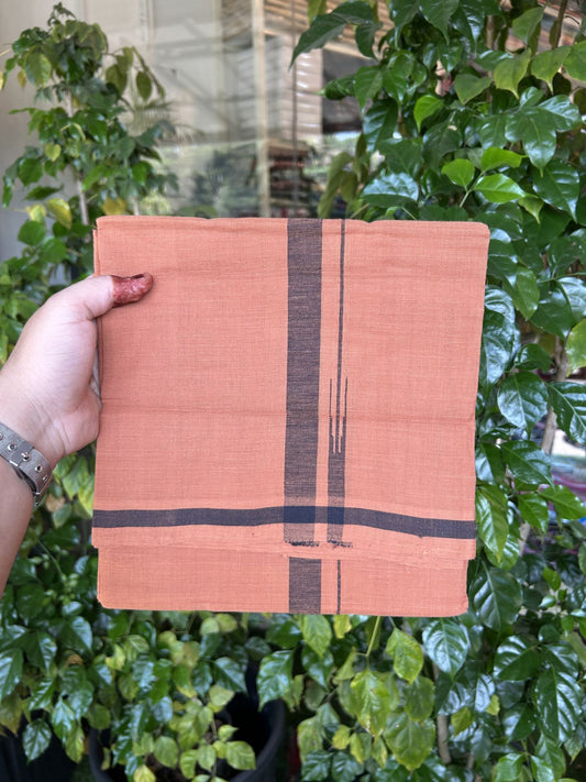 Kerala Handloom Single Hallmarked - 10% Discount !! KaithariKada 100% Pure Cotton - Mundu/Dhoti 2 cm Puliyilakkara Black Shaded Chutty Kara with Kavi colour Body - (2 meter / 4 muzham) - 17 KK8048 ELA