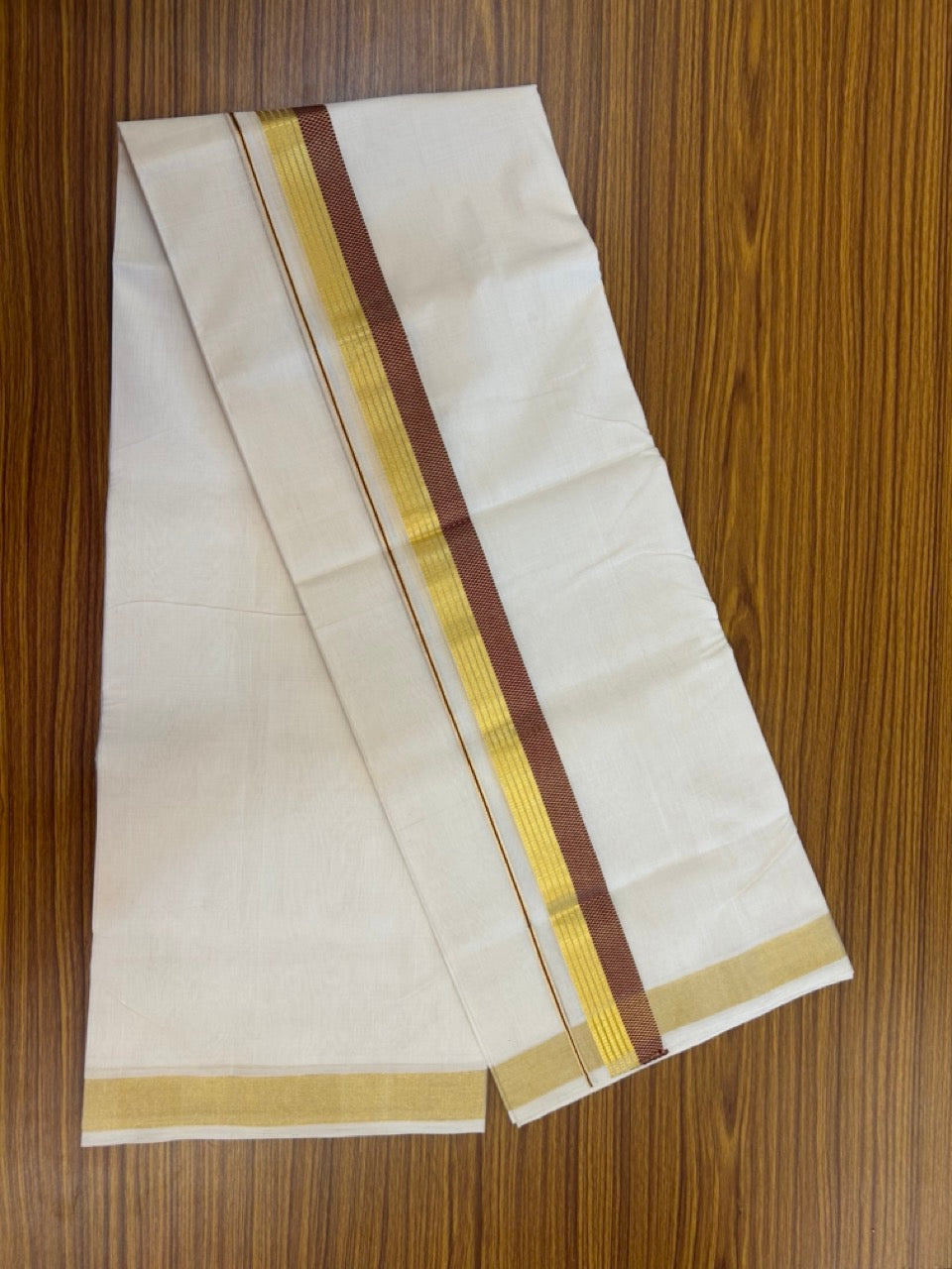 25% Discount ! Kaitharikada Handloom Unakkupaav Balaramapuram - 100% Pure Cotton Off White - (Unbleached) Double Mundu/Dhoti - 100x80 - 1.5 inch Gold Kasav & Maroon Jacquard Design Kara 4 mtr (8.5 Muzham) - 25 KK5301 ABH