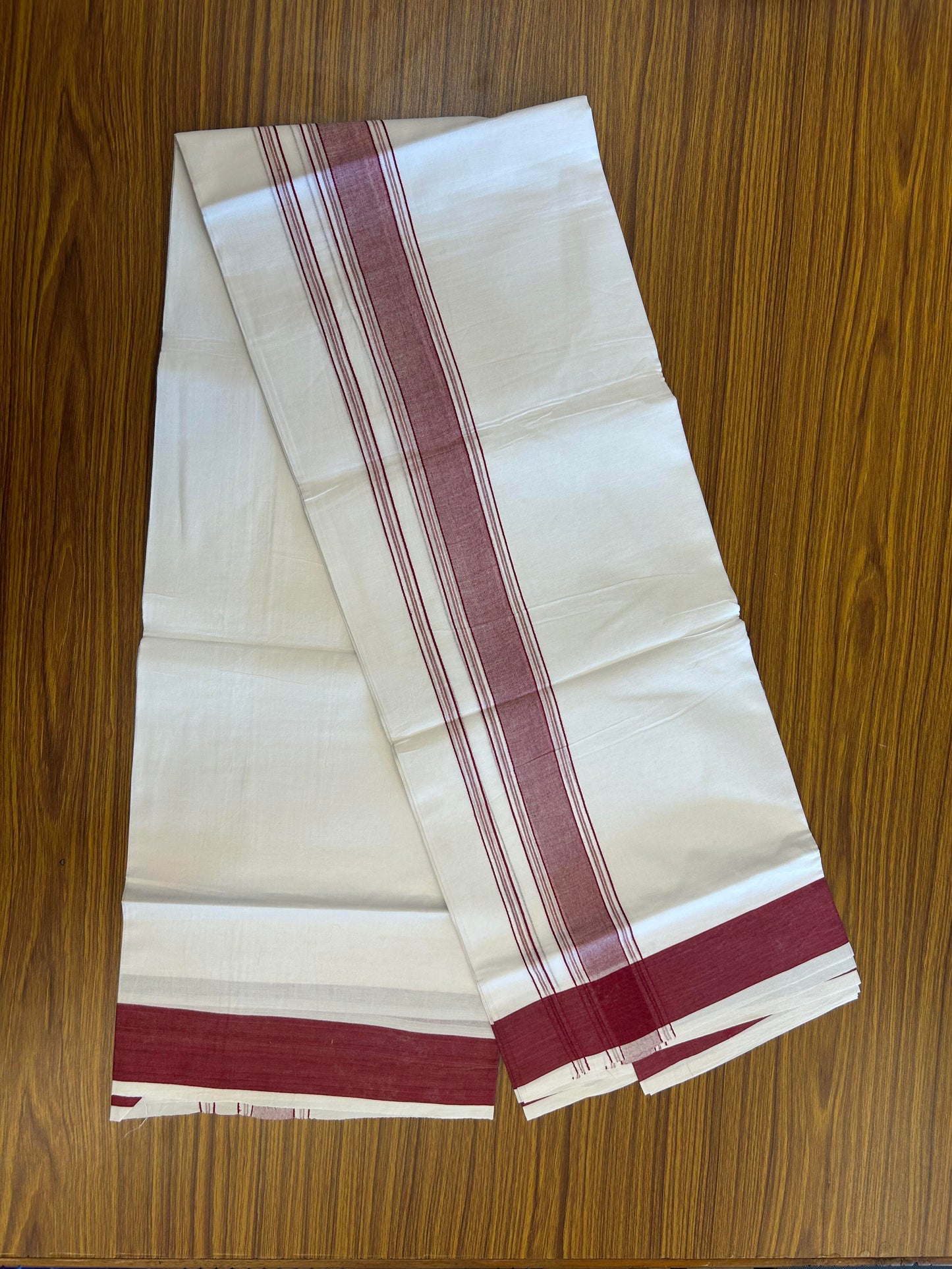 20% Discount!!! KaithariKada Balaramapuram 100% Cotton Double Pure White Mundu/Dhoti - 100X80 - 1.75 Inch Maroon Shaded Striped kara - 3.90 Mtr (8 Muzham) - 36 KK5361 PMC