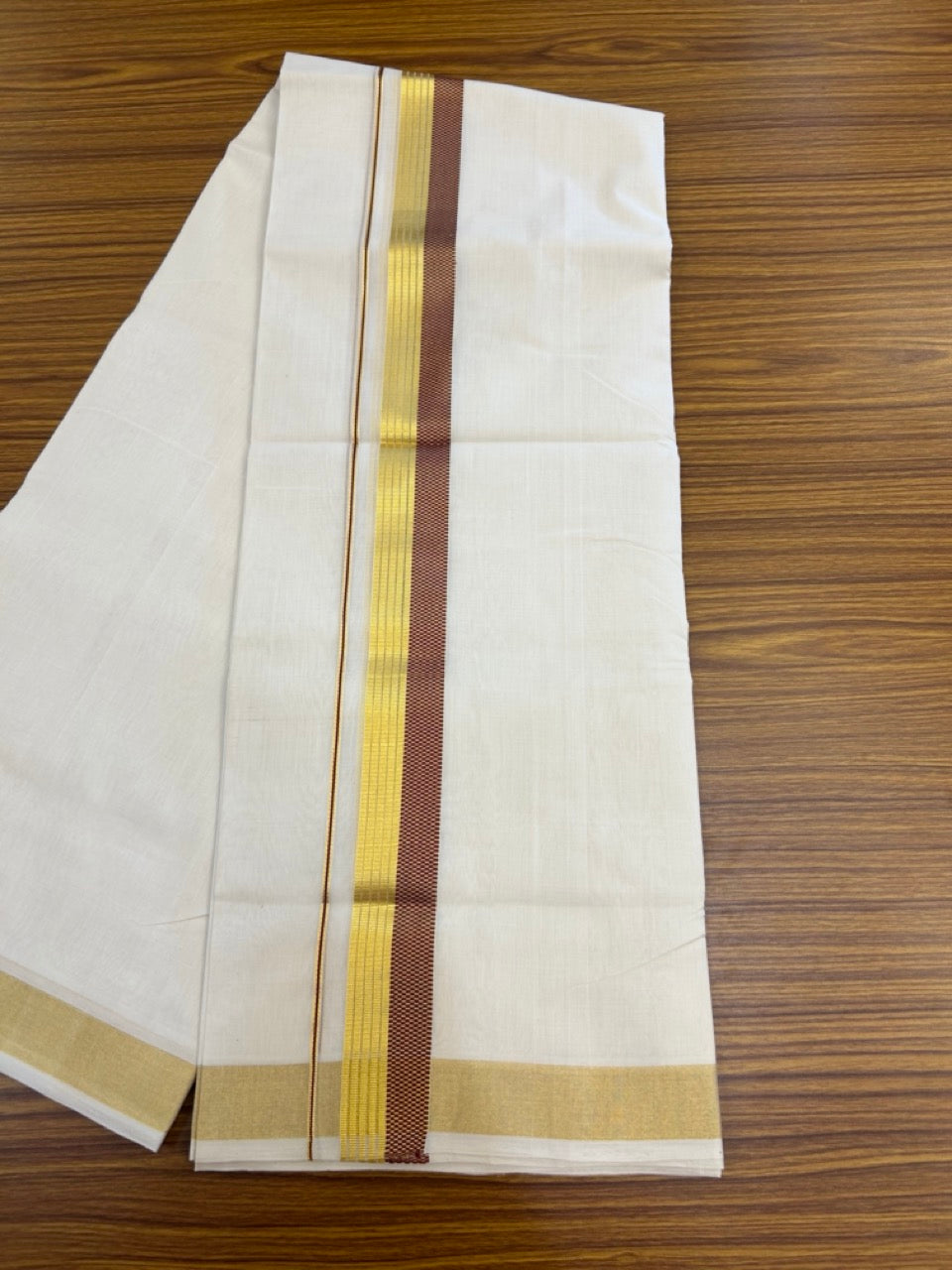 25% Discount ! Kaitharikada Handloom Unakkupaav Balaramapuram - 100% Pure Cotton Off White - (Unbleached) Double Mundu/Dhoti - 100x80 - 1.5 inch Gold Kasav & Maroon Jacquard Design Kara 4 mtr (8.5 Muzham) - 25 KK5301 ABH