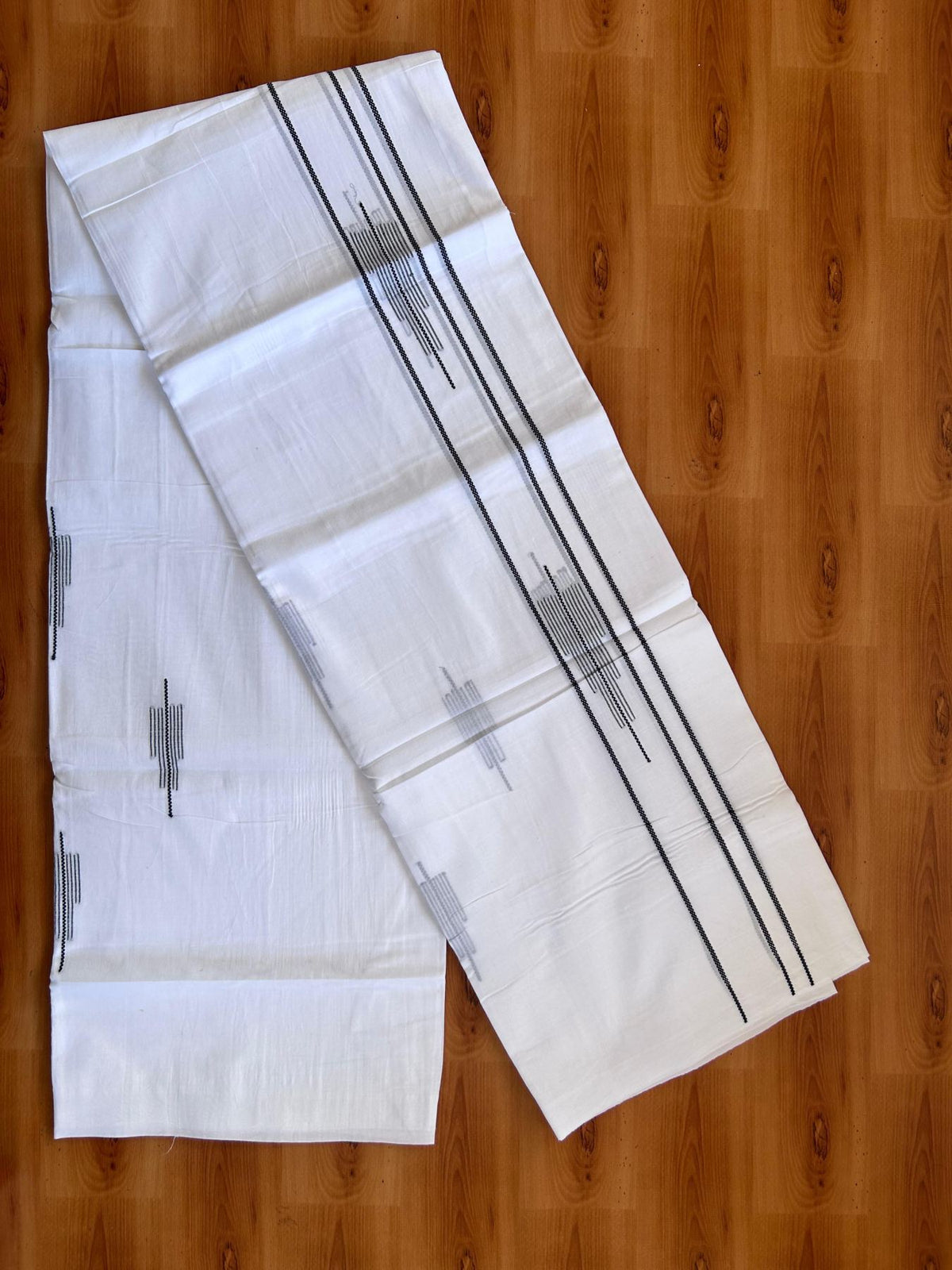 Pure White Double Mundu/Dothi - 20% Discount ! Kaitharikada Balaramapuram 100% Cotton - 100x80 - Navy Blue Stripes Jacquard Design Kara 3.80 mtr (8 muzham) - 13 KK5516 THI