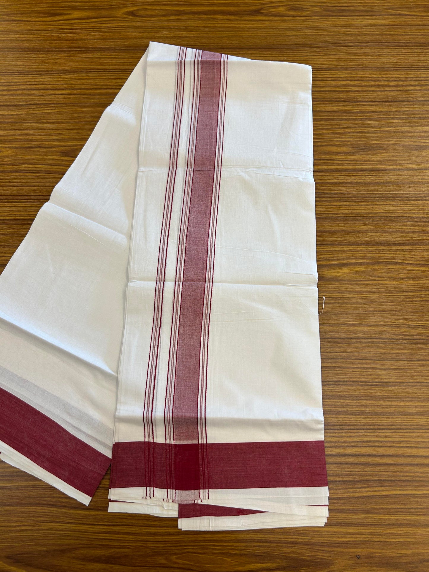 20% Discount!!! KaithariKada Balaramapuram 100% Cotton Double Pure White Mundu/Dhoti - 100X80 - 1.75 Inch Maroon Shaded Striped kara - 3.90 Mtr (8 Muzham) - 36 KK5361 PMC