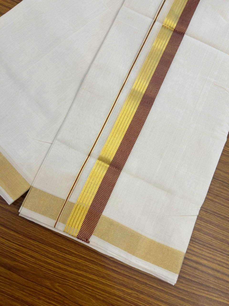 25% Discount ! Kaitharikada Handloom Unakkupaav Balaramapuram - 100% Pure Cotton Off White - (Unbleached) Double Mundu/Dhoti - 100x80 - 1.5 inch Gold Kasav & Maroon Jacquard Design Kara 4 mtr (8.5 Muzham) - 25 KK5301 ABH