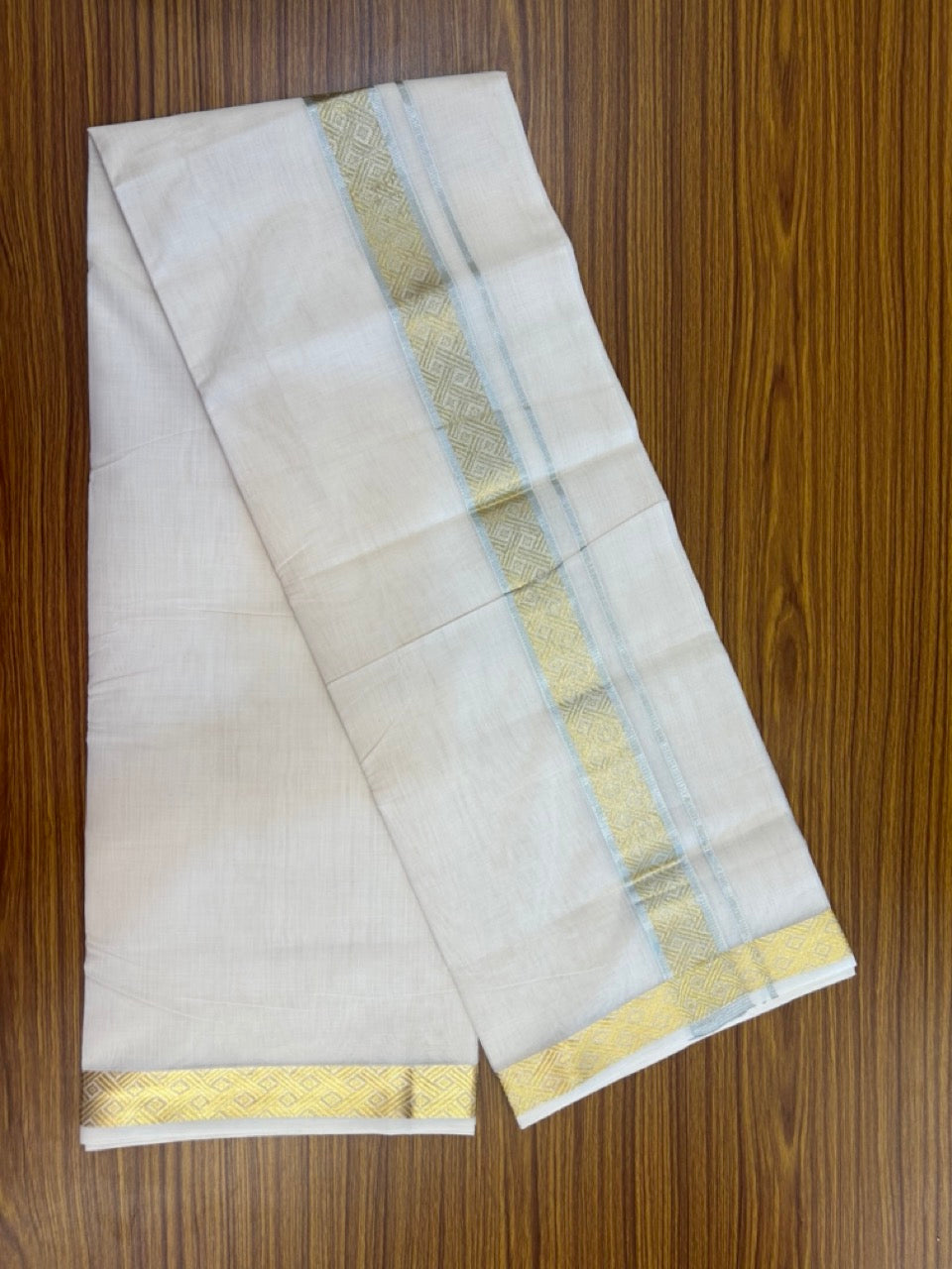 25% Discount ! Kaitharikada Handloom Unakkupaav Balaramapuram - 100% Pure Cotton Off White - (Unbleached) Double Mundu/Dhoti - 100x80 - 1.75 inch Silver & Gold Kasav Jacquard Design Kara 4 mtr (8.5 Muzham) - 19 KK5301 ABH