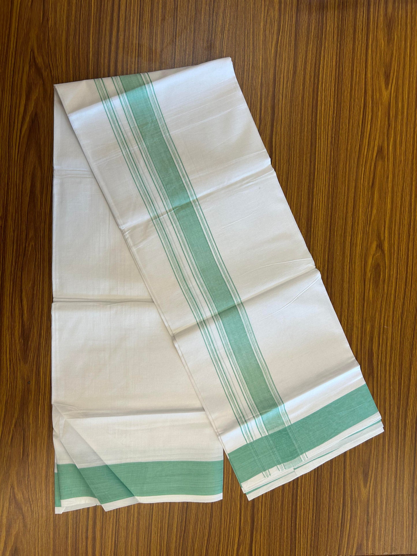 20% Discount!!! KaithariKada Balaramapuram 100% Cotton Double Pure White Mundu/Dhoti - 100X80 - 1.75 Inch Light Green Shaded Stripes kara - 3.90 Mtr (8 Muzham) - 43 KK5361 PMC