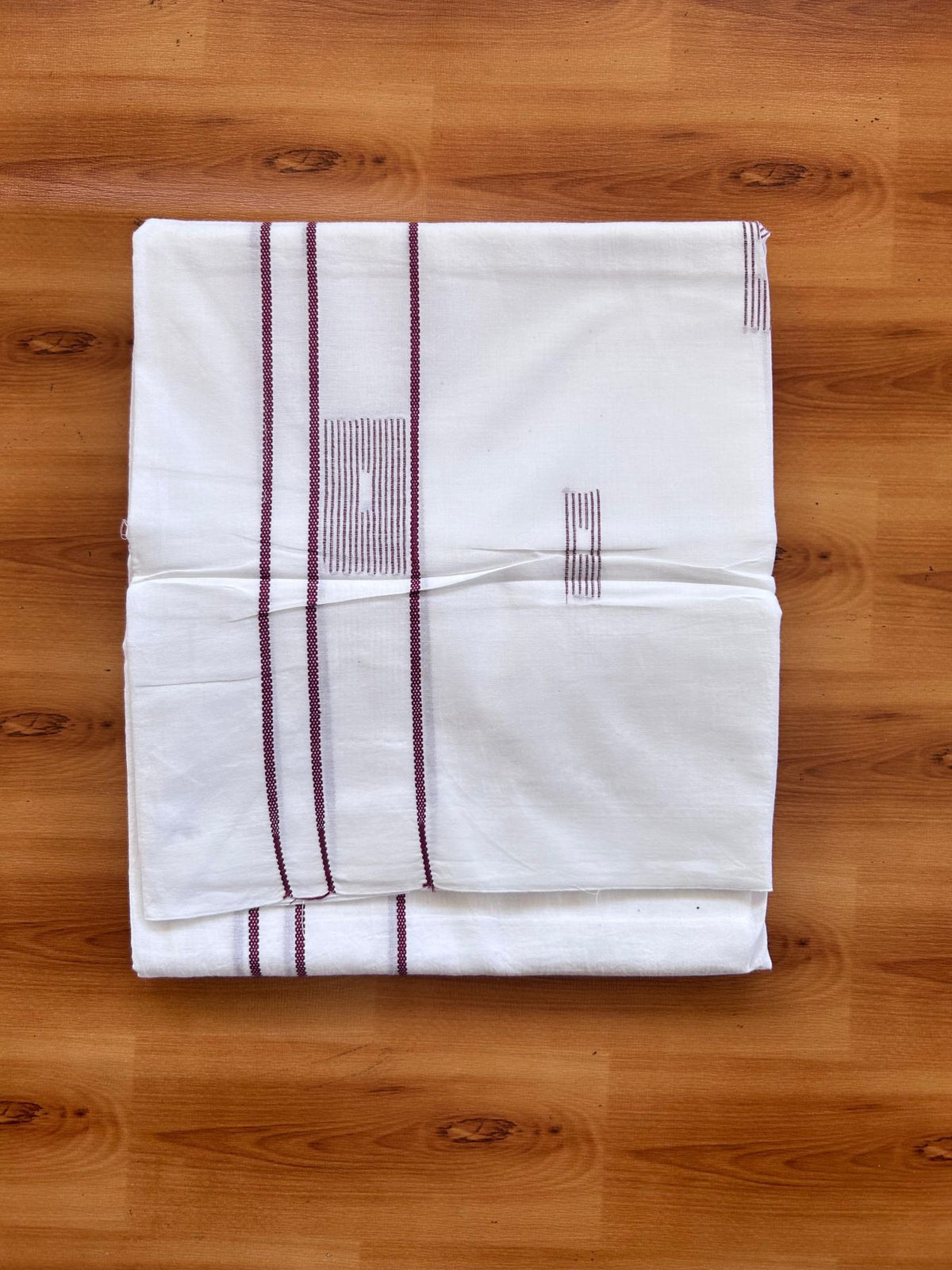 Pure White Double Mundu/Dothi - 20% Discount ! Kaitharikada Balaramapuram 100% Cotton - 100x80 - Dark Maroon Stripes Jacquard Design Kara 3.80 mtr (8 muzham) - 9 KK5516 THI