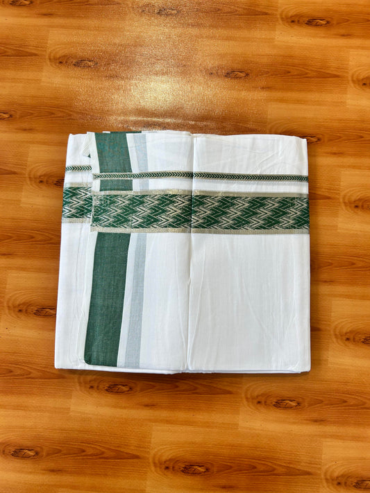 Double Pure white Mundu/Dhoti - 20% Discount! KaithariKada Balaramapuram 100% Cotton  - 100x80 - 1.75 Inch Silver Kasav Green jacquard pattern Kara 3.90 mtr (8 muzham) - 67 KK5432 PMC