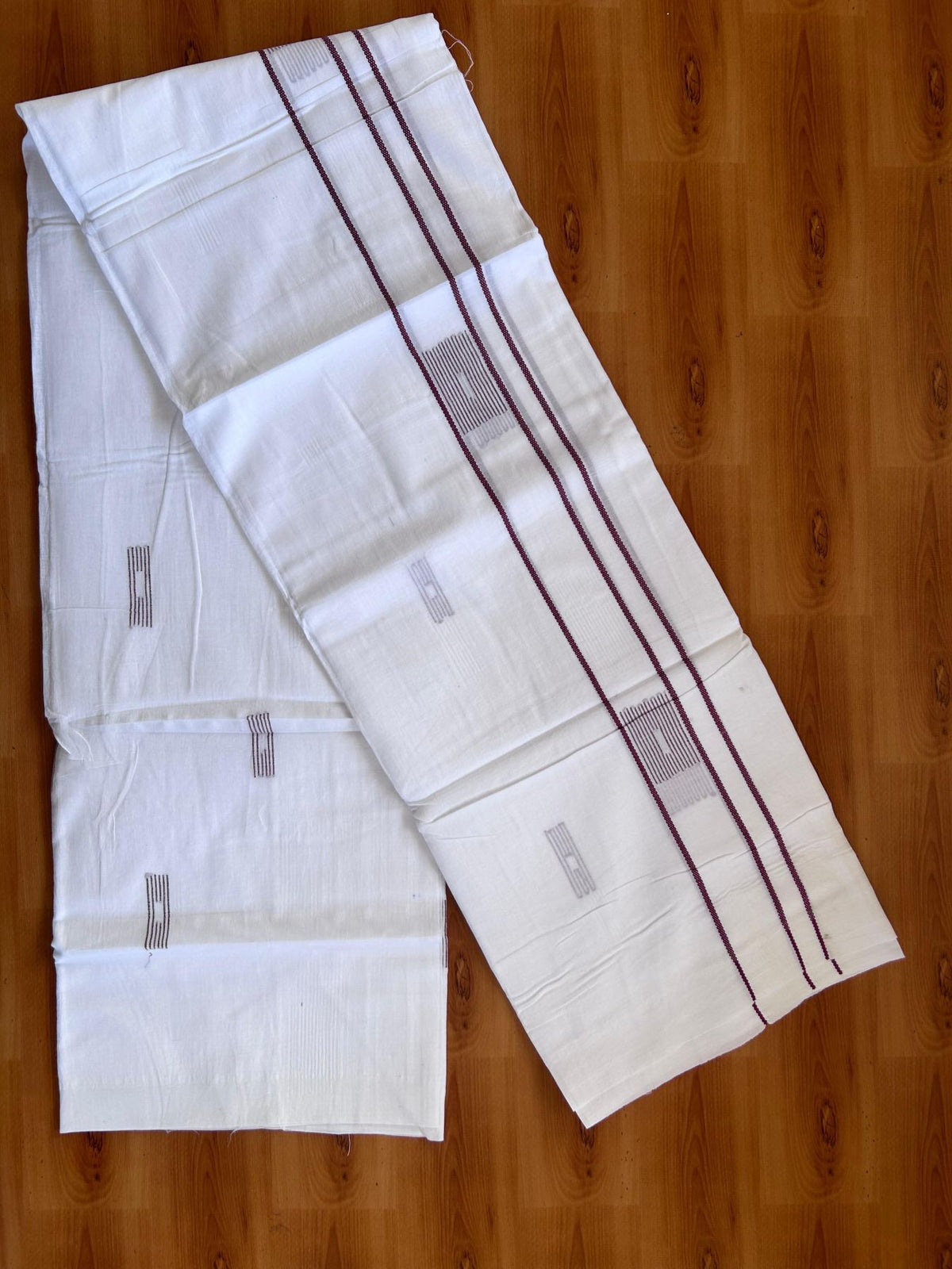 Pure White Double Mundu/Dothi - 20% Discount ! Kaitharikada Balaramapuram 100% Cotton - 100x80 - Dark Maroon Stripes Jacquard Design Kara 3.80 mtr (8 muzham) - 9 KK5516 THI
