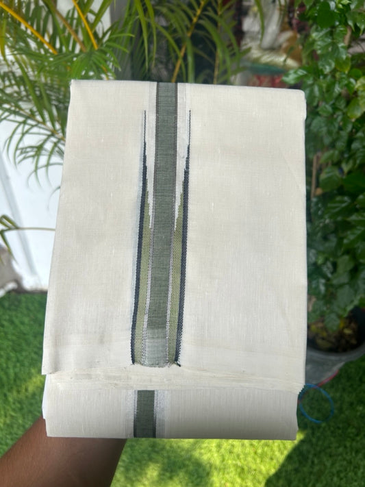 HANDLOOM Linen Dhoti NEW! 16% Discount from Kaitharikada.com - BALARAMAPURAM Handloom UNAKKUPAAV - OFF WHITE - Double Mundu/Dhoti 80x90 Thread - Pure Cotton + Linen - 1.5 Inch Silver Kasavu Army Green & Black striped chutty - 12KK5177RAM
