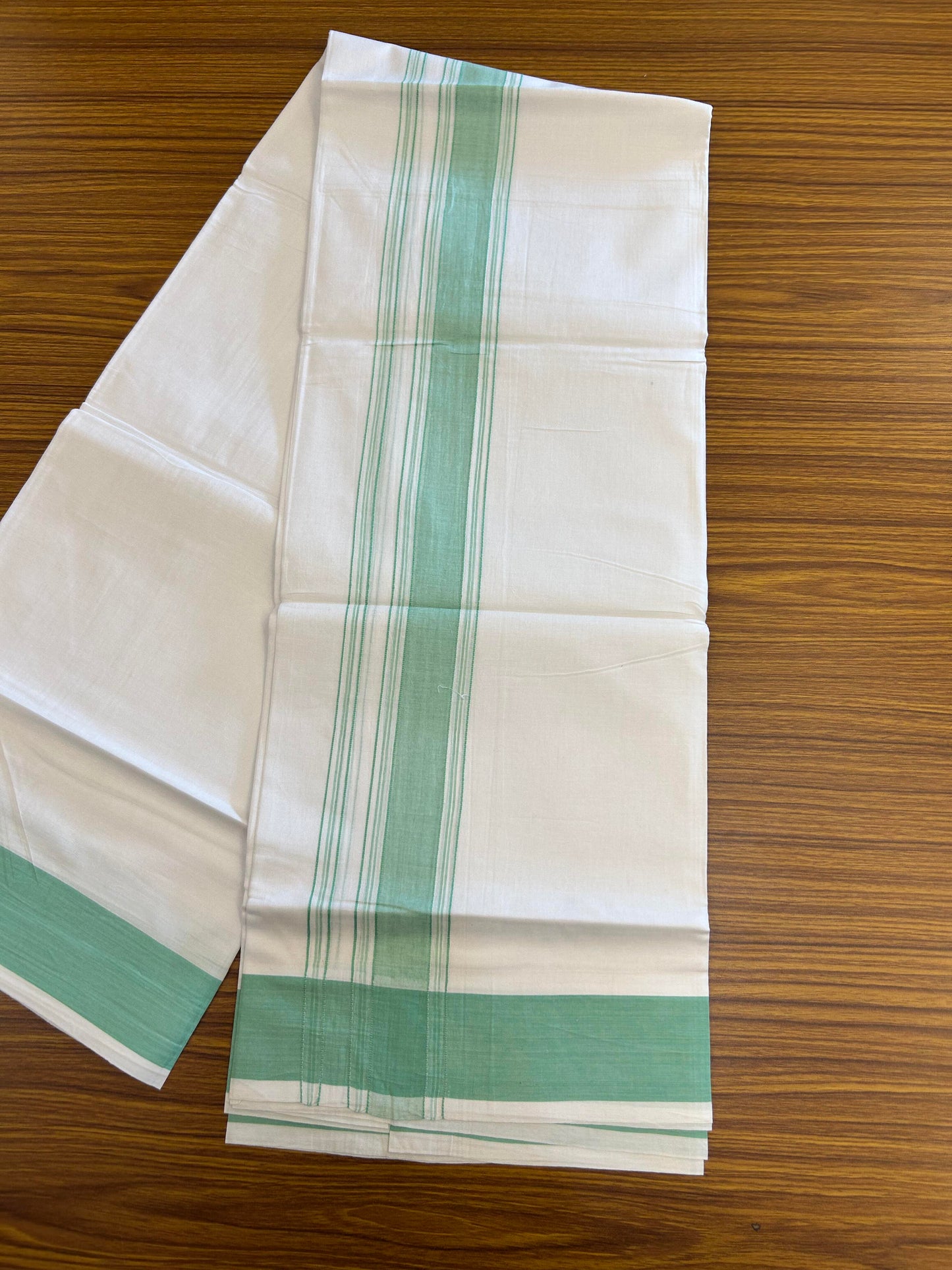 20% Discount!!! KaithariKada Balaramapuram 100% Cotton Double Pure White Mundu/Dhoti - 100X80 - 1.75 Inch Light Green Shaded Stripes kara - 3.90 Mtr (8 Muzham) - 43 KK5361 PMC