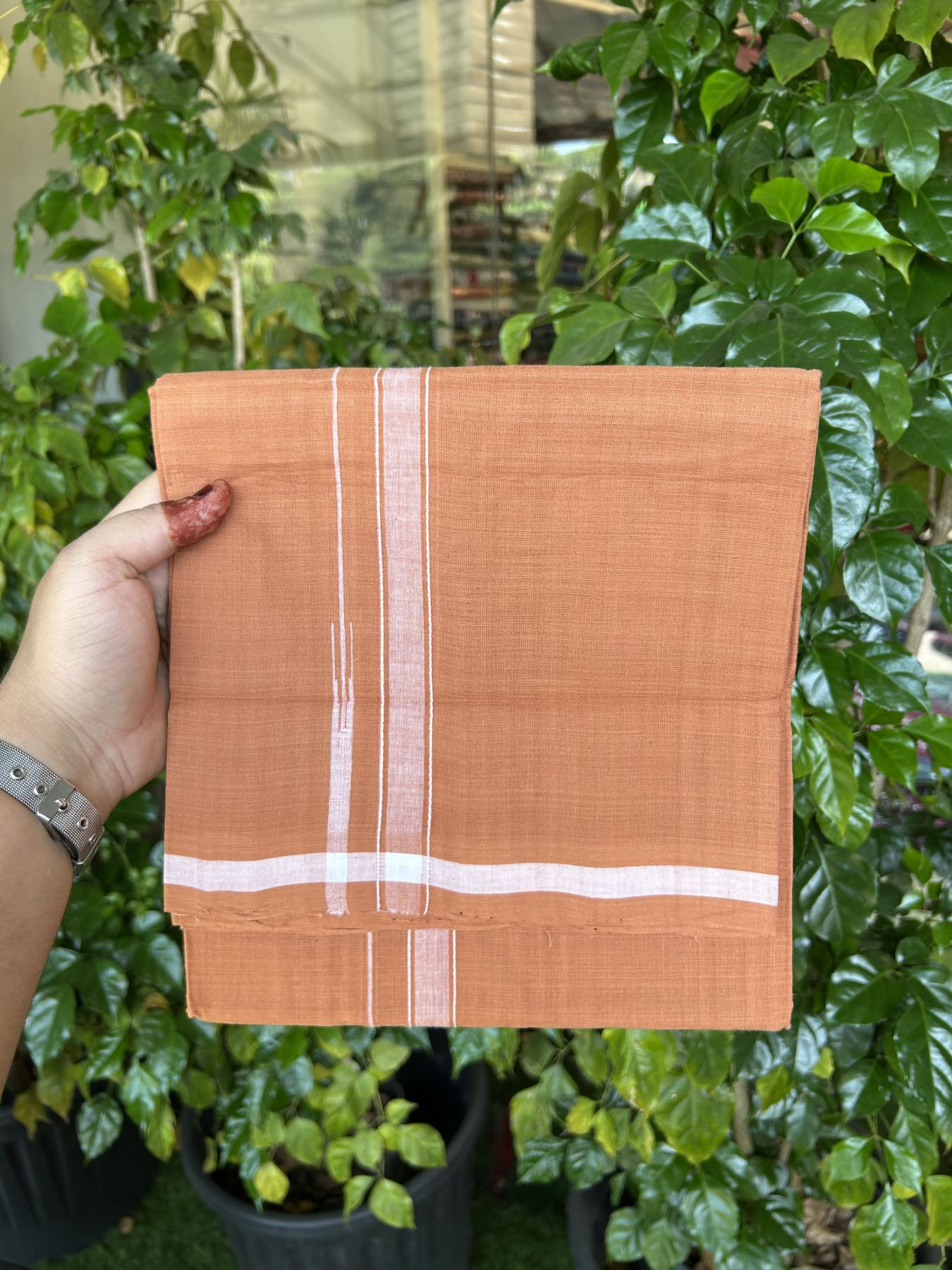 Kerala Handloom Single Hallmarked - 10% Discount !! KaithariKada 100% Pure Cotton - Mundu/Dhoti 2 cm Puliyilakkara White Shaded Striped Chutty Kara with Kavi colour Body - (2 meter / 4 muzham) - 16 KK8048 ELA