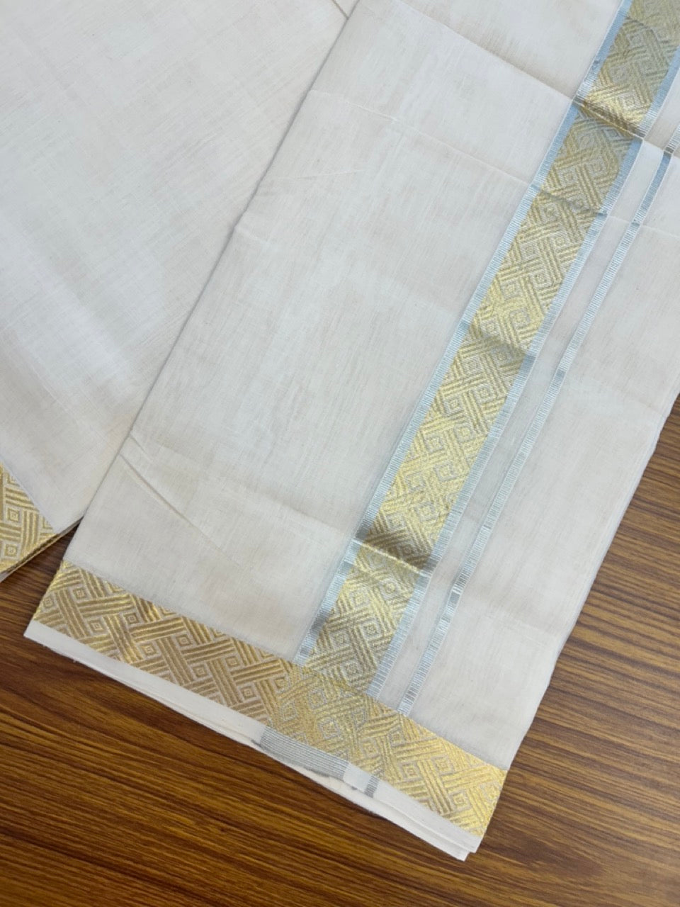 25% Discount ! Kaitharikada Handloom Unakkupaav Balaramapuram - 100% Pure Cotton Off White - (Unbleached) Double Mundu/Dhoti - 100x80 - 1.75 inch Silver & Gold Kasav Jacquard Design Kara 4 mtr (8.5 Muzham) - 19 KK5301 ABH