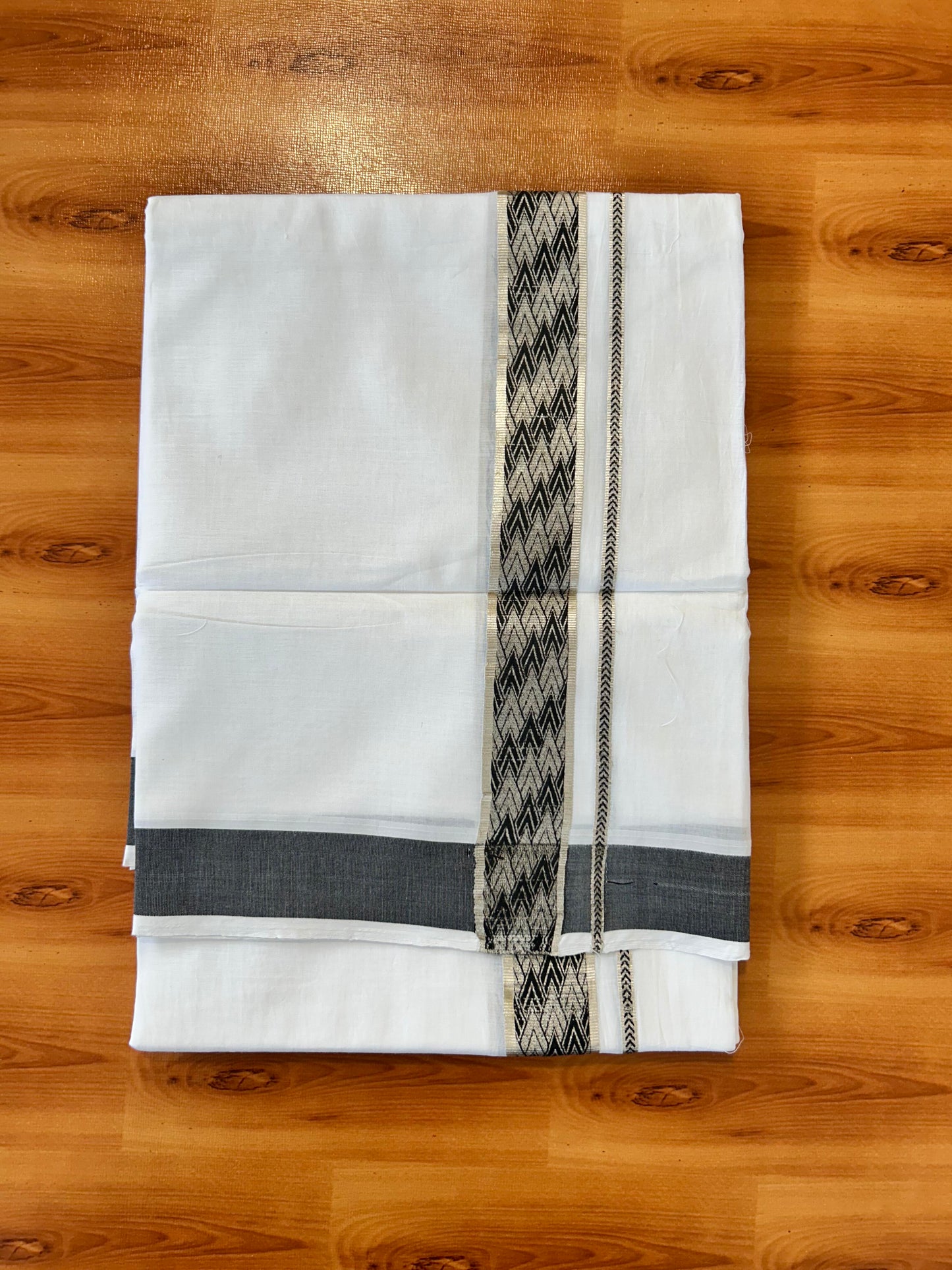 Double Pure white Mundu/Dhoti - 20% Discount! KaithariKada Balaramapuram 100% Cotton  - 100x80 - 1.75 Inch Silver Kasav & Black jacquard pattern Kara 3.90 mtr (8 muzham) - 68 KK5432 PMC