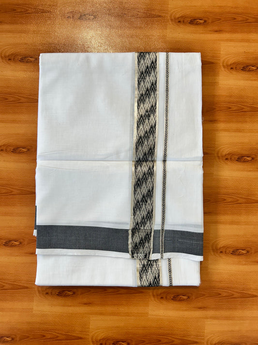 Double Pure white Mundu/Dhoti - 20% Discount! KaithariKada Balaramapuram 100% Cotton  - 100x80 - 1.75 Inch Silver Kasav & Black jacquard pattern Kara 3.90 mtr (8 muzham) - 68 KK5432 PMC