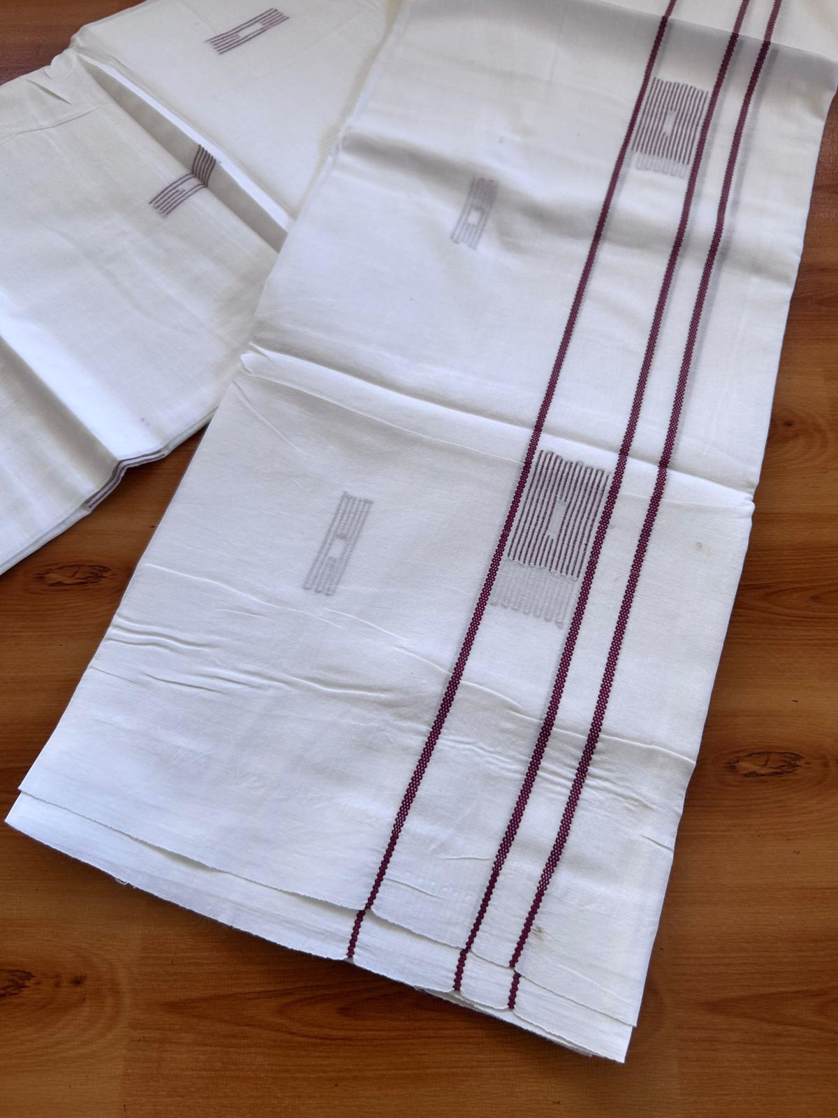 Pure White Double Mundu/Dothi - 20% Discount ! Kaitharikada Balaramapuram 100% Cotton - 100x80 - Dark Maroon Stripes Jacquard Design Kara 3.80 mtr (8 muzham) - 9 KK5516 THI