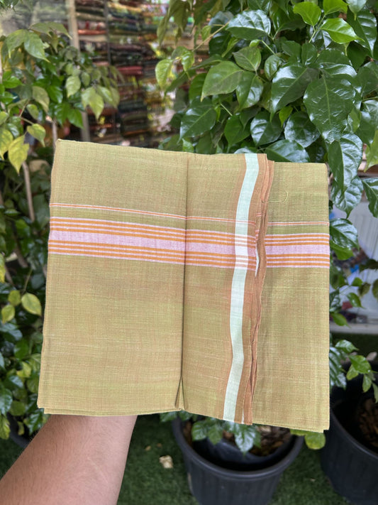 Kerala Handloom Single Hallmarked - 10% Discount !! KaithariKada 100% Pure Cotton - Mundu/Dhoti Brownish Green Body - 1.25 inch Orange & White Stripes Kara - (2 meter / 4 muzham) - 34 KK8048 ELA