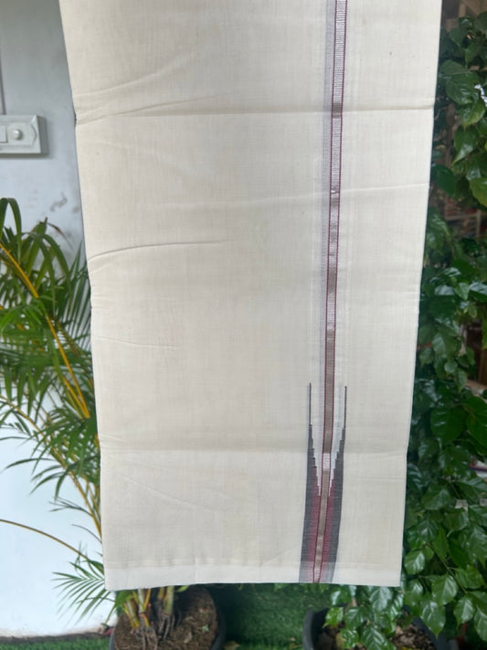 25% DISCOUNT!! KaithariKada HANDLOOM MILPAAV Balaramapuram - 100% PURE Cotton OFF White Double - (Unbleached) Mundu/Dothi - 100x100 - 1 inch Silver Kasavu Maroon & Brown shaded chutty - 3KK5177RAM