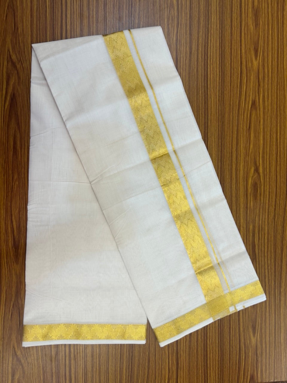 25% Discount ! Kaitharikada Handloom Unakkupaav Balaramapuram - 100% Pure Cotton Off White - (Unbleached) Double Mundu/Dhoti - 100x80 - 1.75 inch Silver & Gold Kasav Jacquard Design Kara 4 mtr (8.5 Muzham) - 19 KK5301 ABH