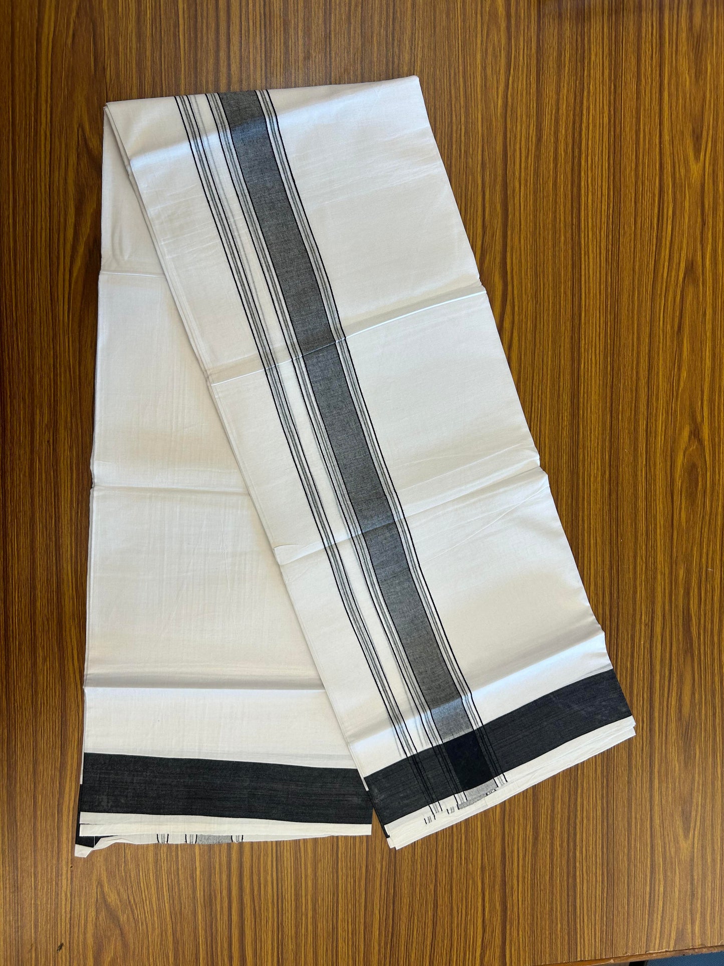 20% Discount!!! KaithariKada Balaramapuram 100% Cotton Double Pure White Mundu/Dhoti - 100X80 - 1.75 Inch Black Shaded Striped kara - 3.90 Mtr (8 Muzham) - 35 KK5361 PMC