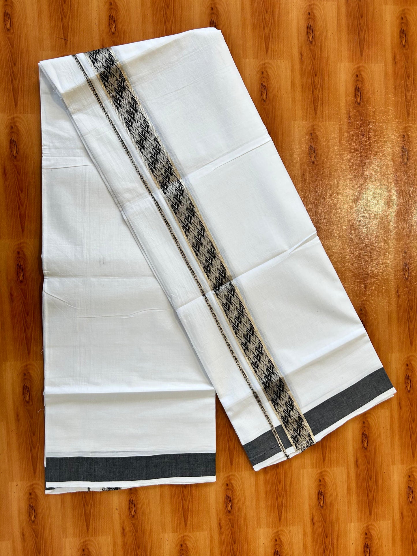 Double Pure white Mundu/Dhoti - 20% Discount! KaithariKada Balaramapuram 100% Cotton  - 100x80 - 1.75 Inch Silver Kasav & Black jacquard pattern Kara 3.90 mtr (8 muzham) - 68 KK5432 PMC