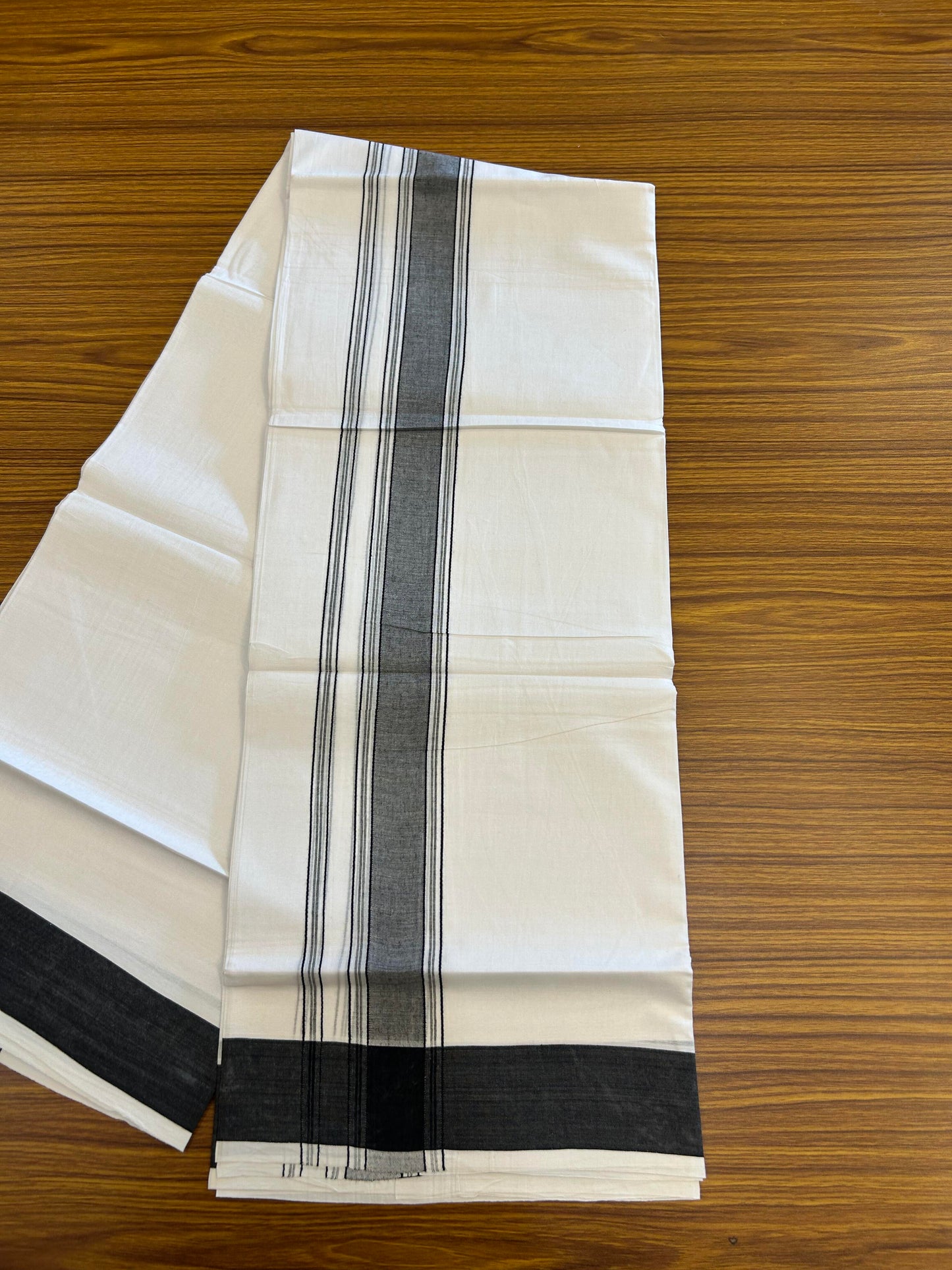 20% Discount!!! KaithariKada Balaramapuram 100% Cotton Double Pure White Mundu/Dhoti - 100X80 - 1.75 Inch Black Shaded Striped kara - 3.90 Mtr (8 Muzham) - 35 KK5361 PMC
