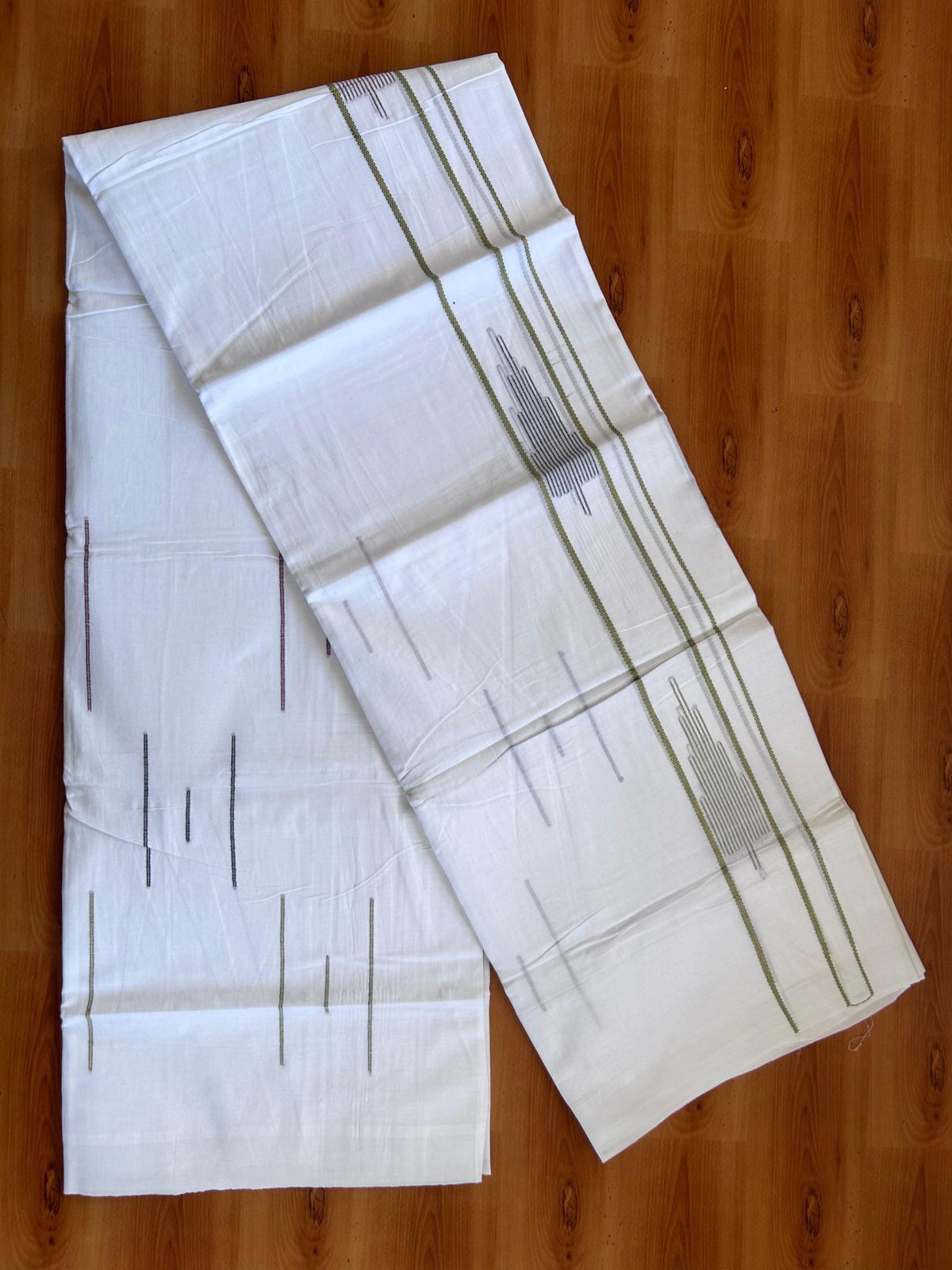 Pure White Double Mundu/Dothi - 20% Discount ! Kaitharikada Balaramapuram 100% Cotton - 100x80 - Multi Colour Stripes Jacquard Design Kara 3.80 mtr (8 muzham) - 14 KK5516 THI
