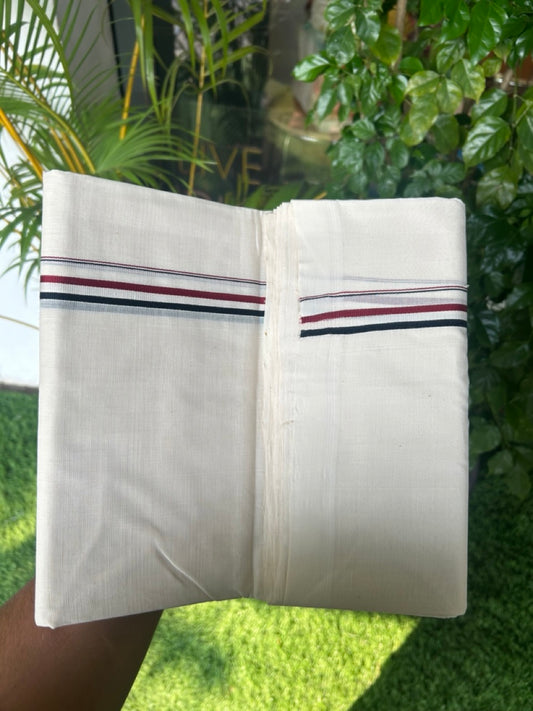 ADMK VESHTI - 25% DISCOUNT!! KaithariKada HANDLOOM UNAKKUPAAV Balaramapuram - 100% PURE Cotton OFF White Double - (Unbleached) Mundu/Dothi - 100x100 - 0.5 inch Black White & Maroon kara - 10KK5177RAM