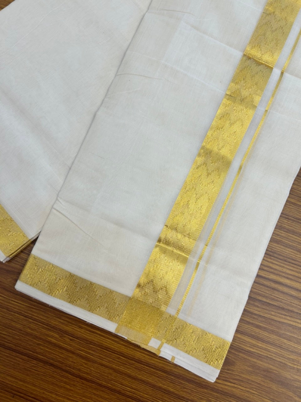 25% Discount ! Kaitharikada Handloom Unakkupaav Balaramapuram - 100% Pure Cotton Off White - (Unbleached) Double Mundu/Dhoti - 100x80 - 1.75 inch Silver & Gold Kasav Jacquard Design Kara 4 mtr (8.5 Muzham) - 19 KK5301 ABH