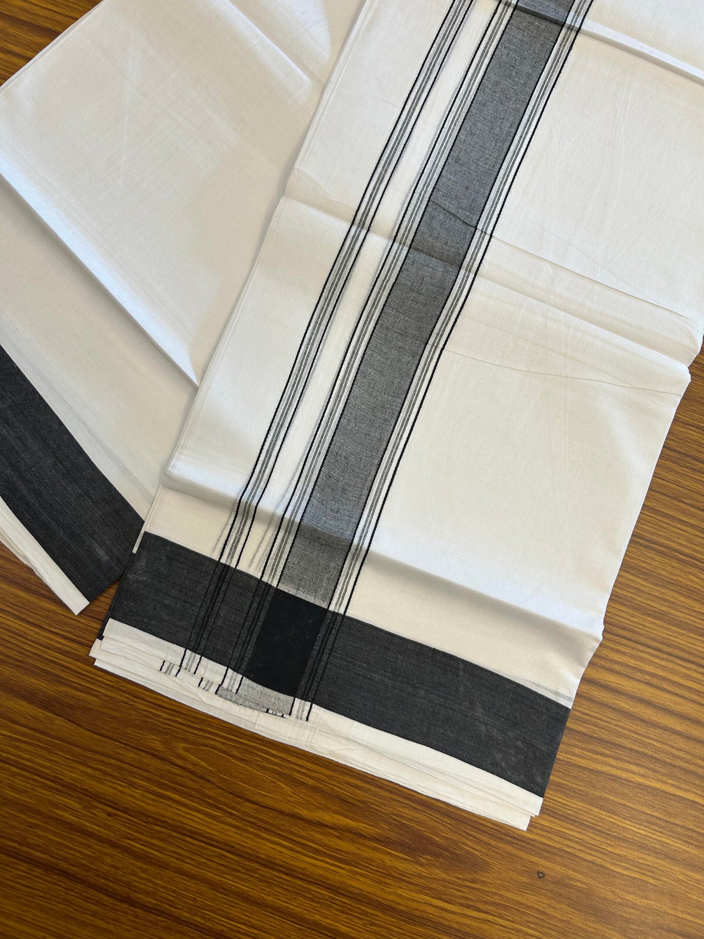 20% Discount!!! KaithariKada Balaramapuram 100% Cotton Double Pure White Mundu/Dhoti - 100X80 - 1.75 Inch Black Shaded Striped kara - 3.90 Mtr (8 Muzham) - 35 KK5361 PMC