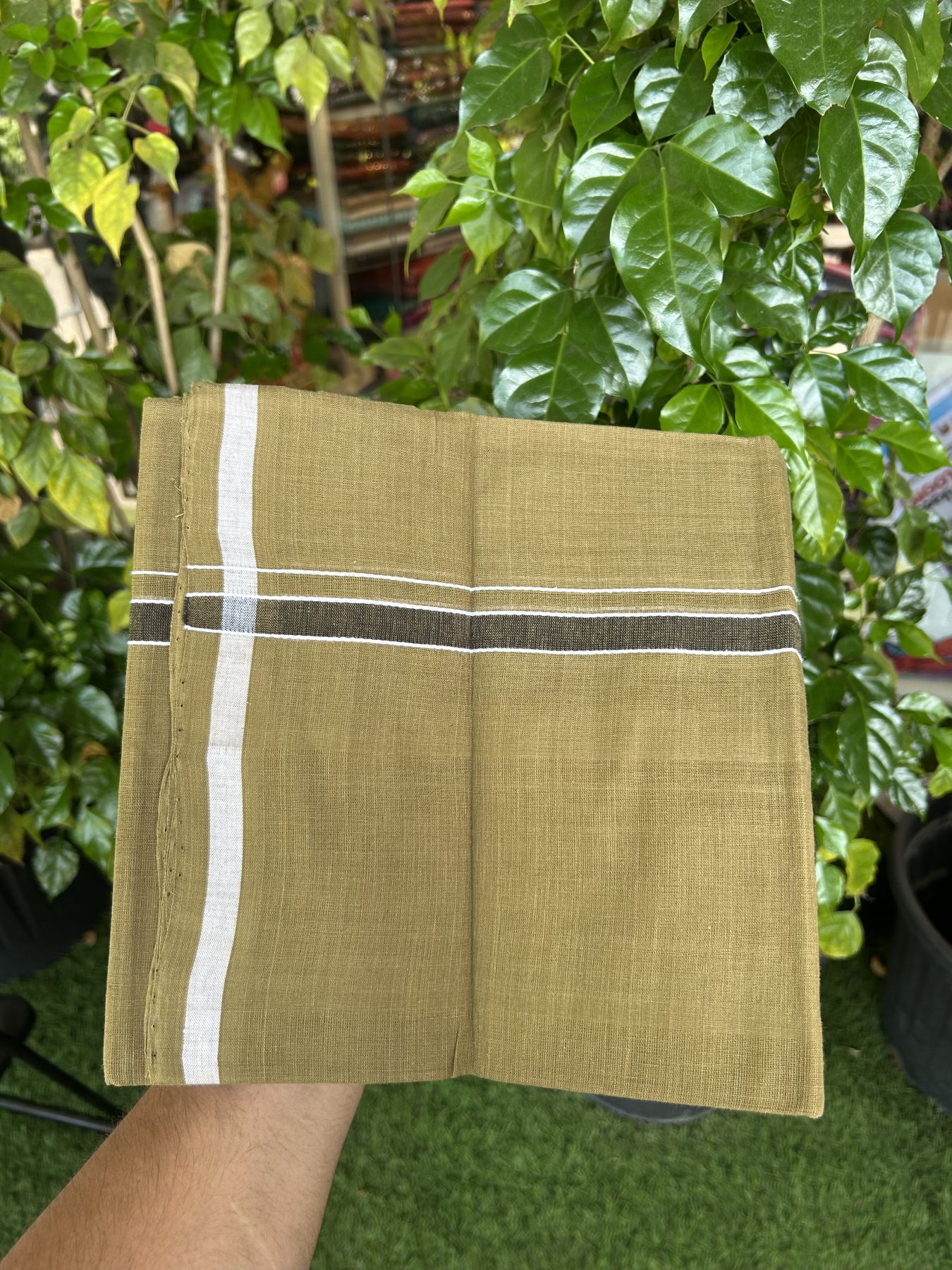 Kerala Handloom Single Hallmarked - 10% Discount !! KaithariKada 100% Pure Cotton - Mundu/Dhoti Olive Green Body - 1.5 cm Black & White Kara - (2 meter / 4 muzham) - 50 KK8048 ELA