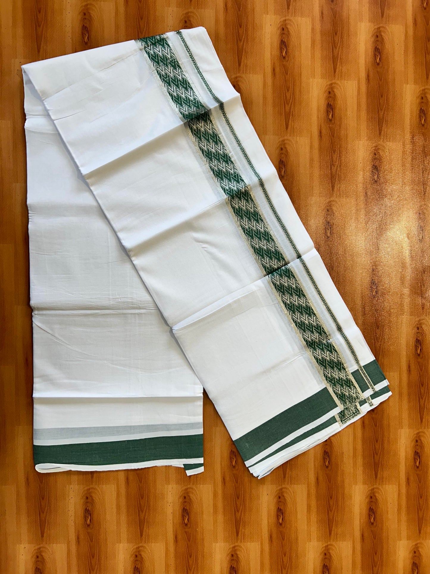 Double Pure white Mundu/Dhoti - 20% Discount! KaithariKada Balaramapuram 100% Cotton  - 100x80 - 1.75 Inch Silver Kasav Green jacquard pattern Kara 3.90 mtr (8 muzham) - 67 KK5432 PMC