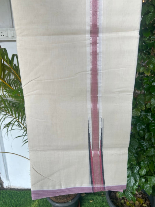 25% DISCOUNT!! KaithariKada HANDLOOM MILPAAV Balaramapuram - 100% PURE Cotton OFF White Double - (Unbleached) Mundu/Dothi - 100x100 - 1.25 inch Silver Kasavu stripes Berry Pink & Black shaded chutty - 2KK5177RAM