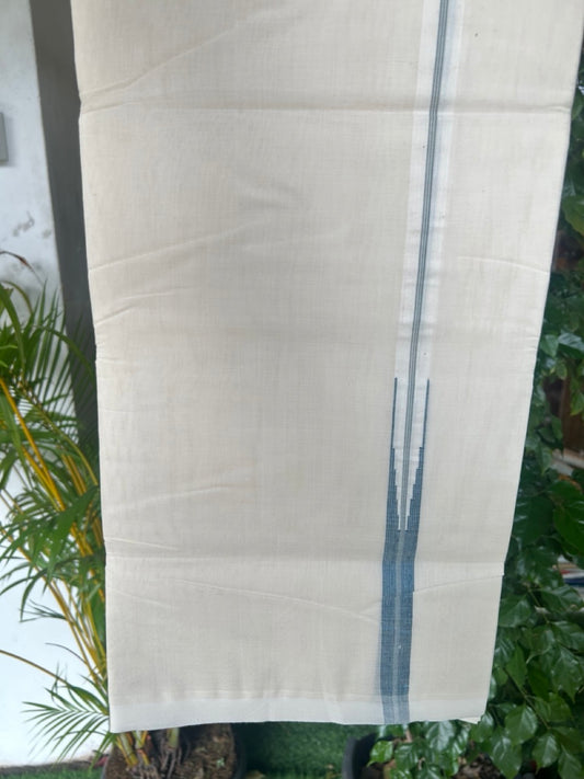 25% DISCOUNT!! KaithariKada HANDLOOM MILPAAV Balaramapuram - 100% PURE Cotton OFF White Double - (Unbleached) Mundu/Dothi - 100x100 - 0.75 Inch Peacock blue striped chutty - 8KK5177RAM