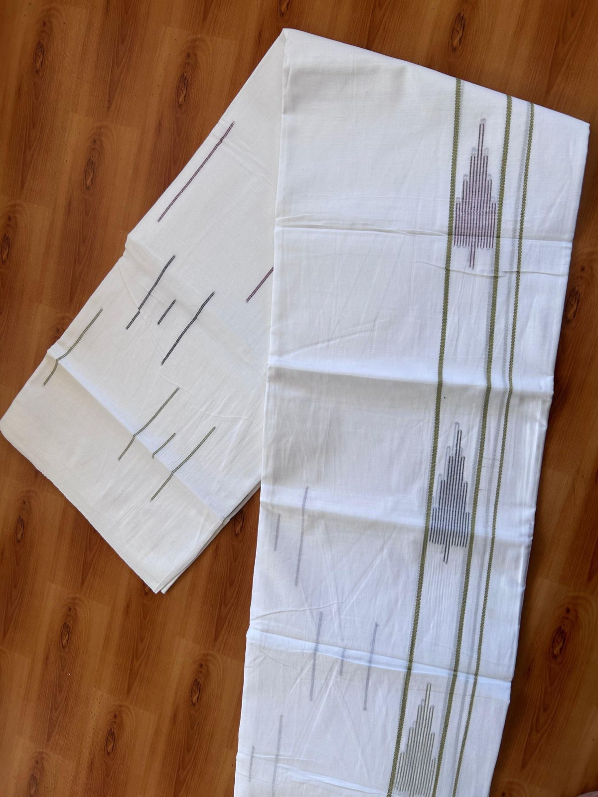 Pure White Double Mundu/Dothi - 20% Discount ! Kaitharikada Balaramapuram 100% Cotton - 100x80 - Multi Colour Stripes Jacquard Design Kara 3.80 mtr (8 muzham) - 14 KK5516 THI