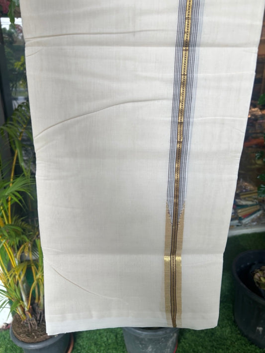 25% DISCOUNT!! KaithariKada HANDLOOM MILPAAV Balaramapuram - 100% PURE Cotton OFF White Double - (Unbleached) Mundu/Dothi - 100x100 - 2 cm Dark Brown striped Kasavu chutty Kara - 4KK5177RAM