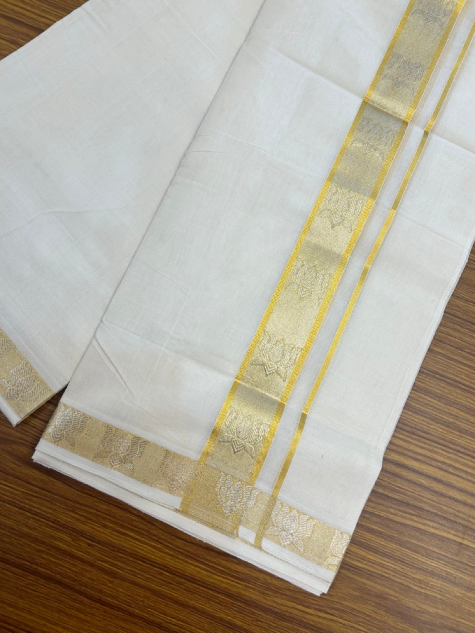 25% Discount ! Kaitharikada Handloom Unakkupaav Balaramapuram - 100% Pure Cotton Off White - (Unbleached) Double Mundu/Dhoti - 100x80 - 1.75 inch Gold & Silver Kasav Lotus Jacquard Design Kara 4 mtr (8.5 Muzham) - 21 KK5301 ABH