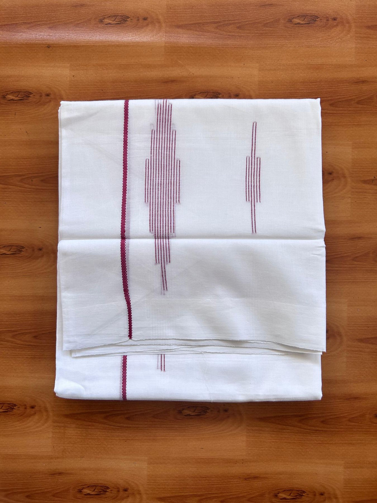 Pure White Double Mundu/Dothi - 20% Discount ! Kaitharikada Balaramapuram 100% Cotton - 100x80 - Maroon Stripes Jacquard Design Kara 3.80 mtr (8 muzham) - 4 KK5516 THI