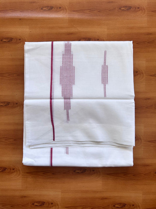 Pure White Double Mundu/Dothi - 20% Discount ! Kaitharikada Balaramapuram 100% Cotton - 100x80 - Maroon Stripes Jacquard Design Kara 3.80 mtr (8 muzham) - 4 KK5516 THI