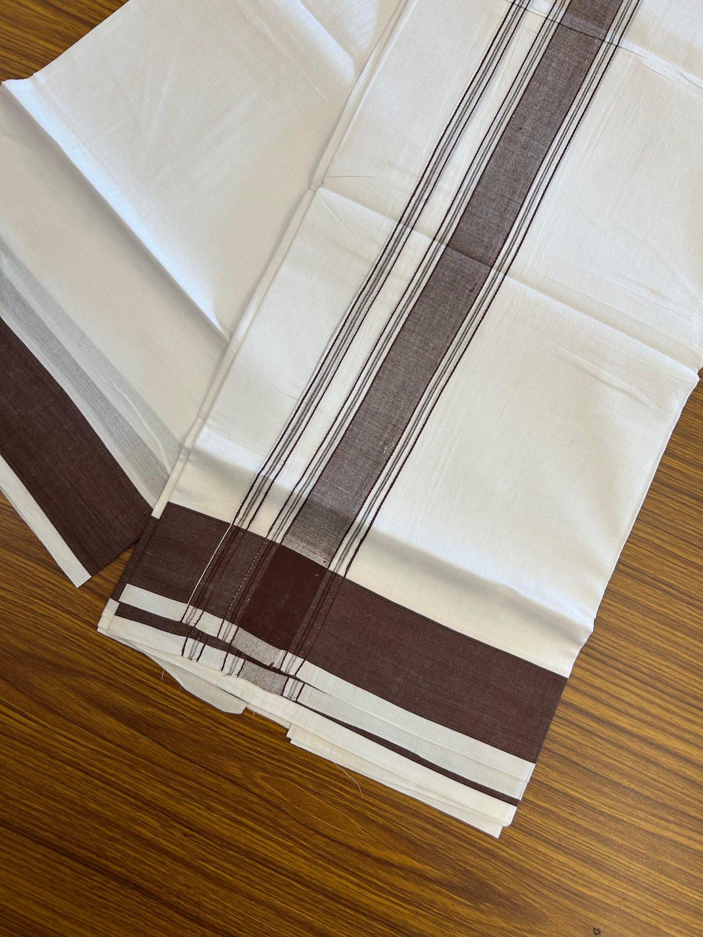 20% Discount!!! KaithariKada Balaramapuram 100% Cotton Double Pure White Mundu/Dhoti - 100X80 - 1.75 Inch Brown Shaded Stripes kara - 3.90 Mtr (8 Muzham) - 40 KK5361 PMC