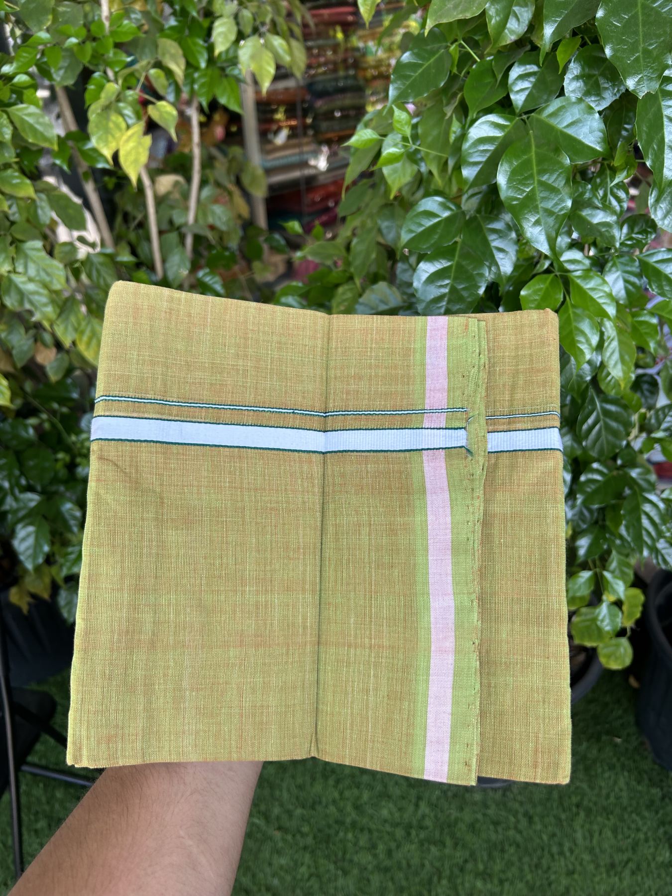 Kerala Handloom Single Hallmarked - 10% Discount !! KaithariKada 100% Pure Cotton - Mundu/Dhoti Orange & Parrot Green Body - 0.5 inch Green & White Stripes Kara - (2 meter / 4 muzham) - 32 KK8048 ELA